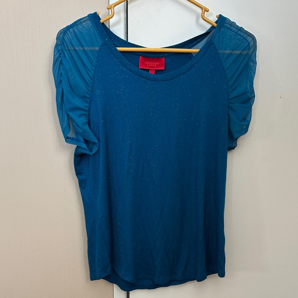 Jennifer Lopez Short Sleeve Blue/Aqua Top Blouse-Glittering Speckled Throughout